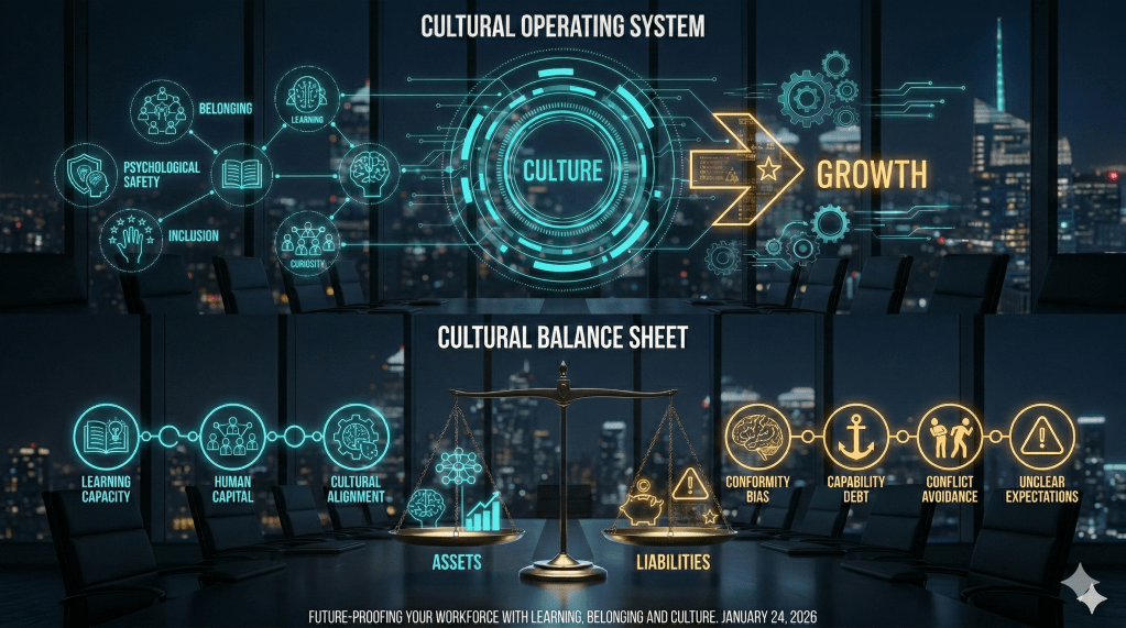 Wide banner illustrating a Cultural Operating System and Cultural Balance Sheet with assets like Learning Capacity and liabilities like Capability Debt