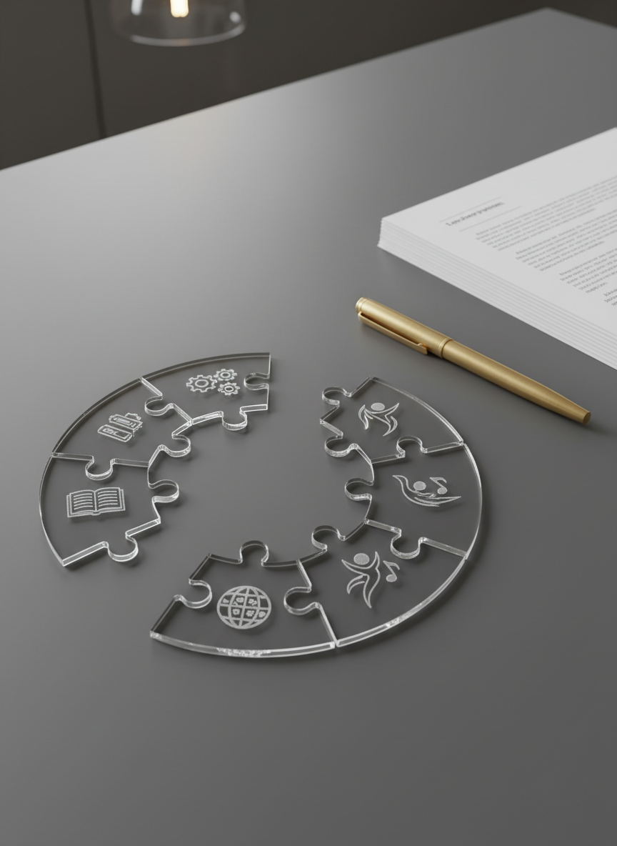 An elegantly designed transparent acrylic puzzle with interlocking pieces, each etched with delicate icons representing learning, culture, and performance. The puzzle is partially solved and set atop a smooth, slate-gray desk, adjacent to a minimalist brass pen and a stack of crisp, white research papers. Soft ambient lighting from overhead pendants casts subtle highlights on the glossy surfaces and diffuses gentle shadows, creating a sophisticated, focused atmosphere. Captured from a close-up, eye-level perspective, the visual composition is orderly yet inviting, featuring sharp yet balanced modern lines. The artistic style is clean and modern, suggesting the ongoing process and nuanced work of building inclusive, high-performance organizations.