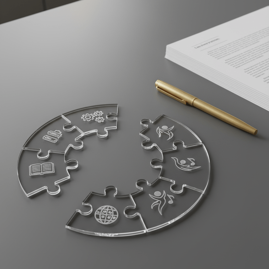 An elegantly designed transparent acrylic puzzle with interlocking pieces, each etched with delicate icons representing learning, culture, and performance. The puzzle is partially solved and set atop a smooth, slate-gray desk, adjacent to a minimalist brass pen and a stack of crisp, white research papers. Soft ambient lighting from overhead pendants casts subtle highlights on the glossy surfaces and diffuses gentle shadows, creating a sophisticated, focused atmosphere. Captured from a close-up, eye-level perspective, the visual composition is orderly yet inviting, featuring sharp yet balanced modern lines. The artistic style is clean and modern, suggesting the ongoing process and nuanced work of building inclusive, high-performance organizations.