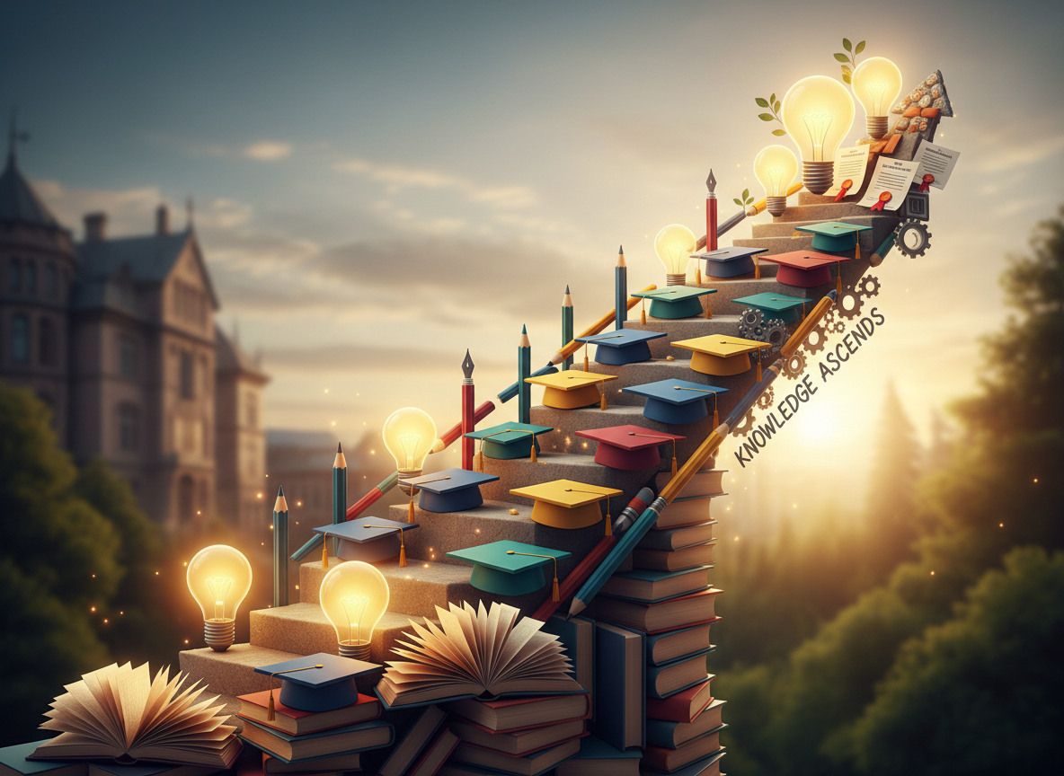 A staircase or upward arrow constructed from various educational icons (books, graduation caps, lightbulbs, pencils) to visually suggest that investment in learning leads to progress and growth.