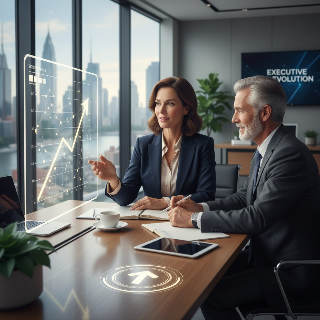 A modern, professional image reflecting individual and executive coaching—possibly showing a confident person being guided by a mentor, or a leader receiving personal coaching in a work environment. The style should convey empowerment, growth, and support.