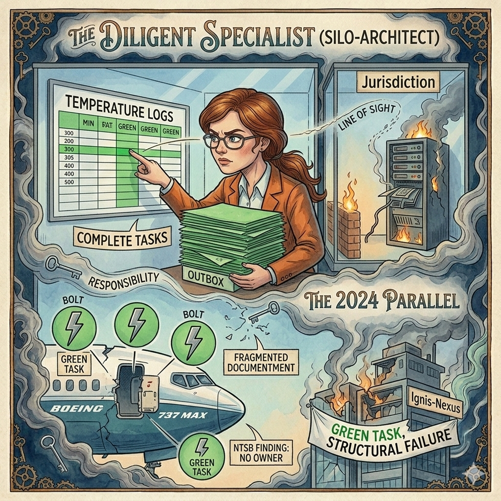Infographic of 5 corporate defensive archetypes at Ignis-Nexus including the Pseudo-Owner, Silo-Architect, and Autocrat, investigated by Josefine in a storybook style.