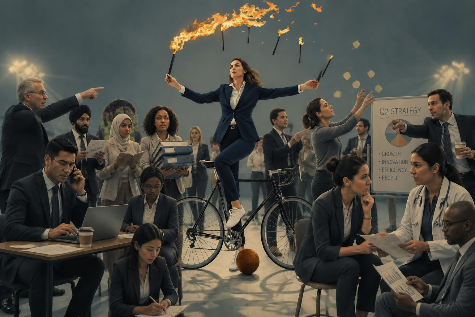 Editorial illustration representing corporate executive burnout, showing a leader balancing on a bicycle while juggling flaming sticks of business priorities in an arena.